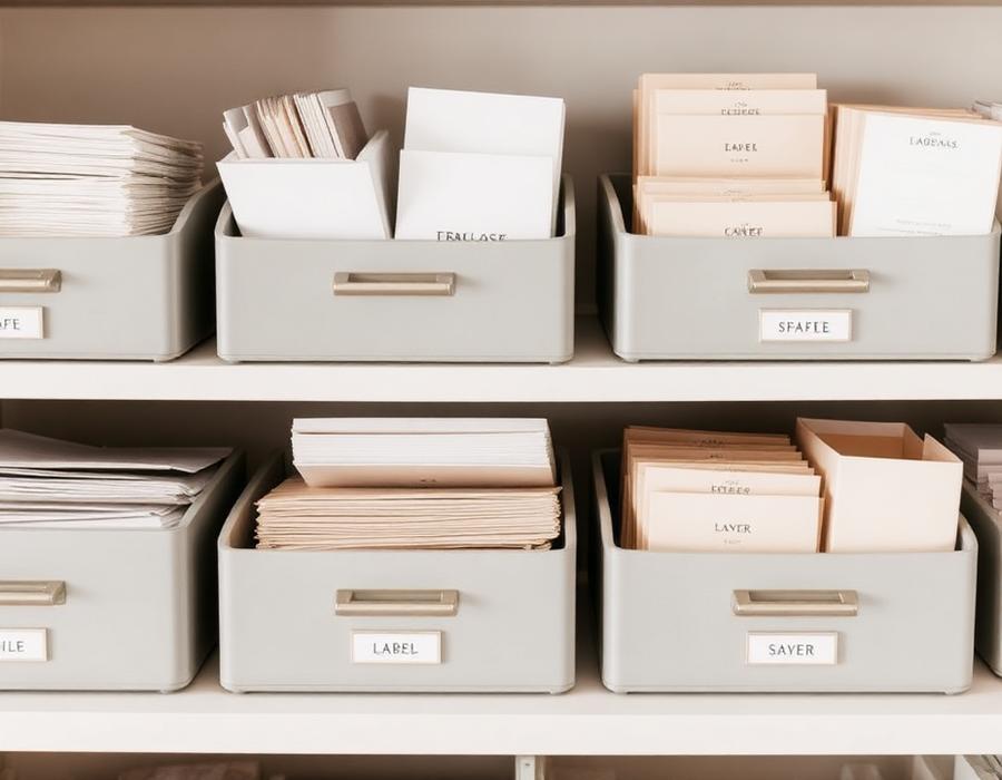 Stationery storage boxes holding paper, labels, and envelopes