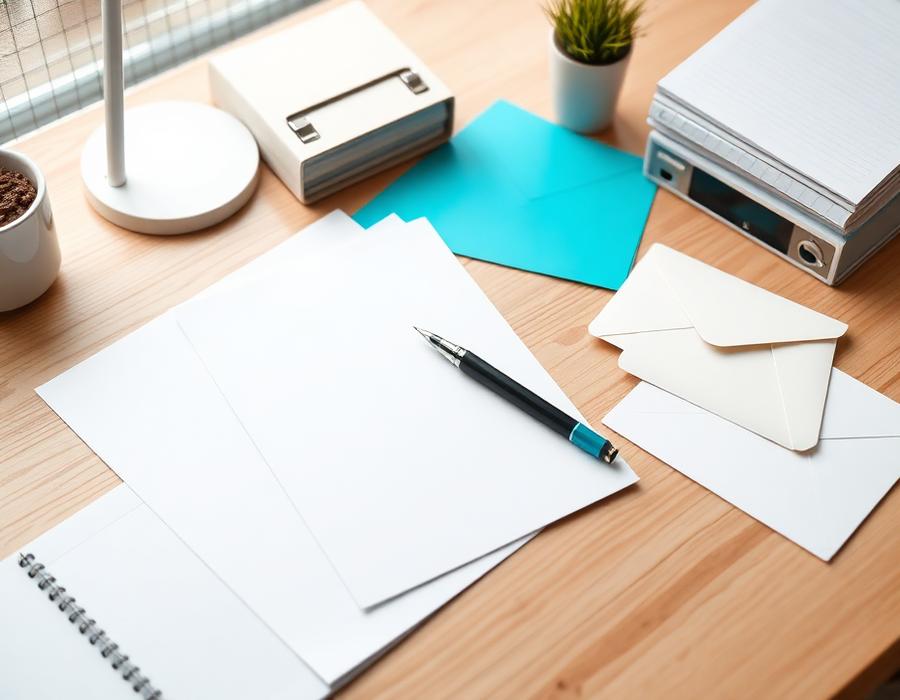 Paper, envelopes, and stationery arranged on an office desk