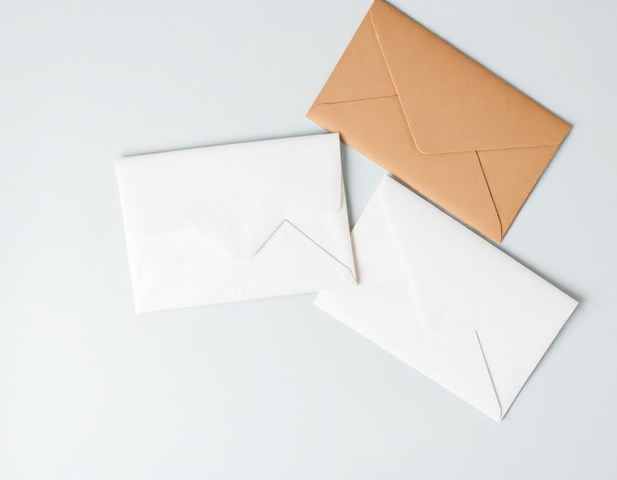 White and brown kraft envelopes laid out neatly