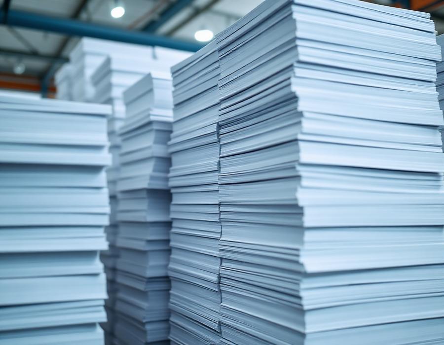 Stacks of white A4 paper reams in storage